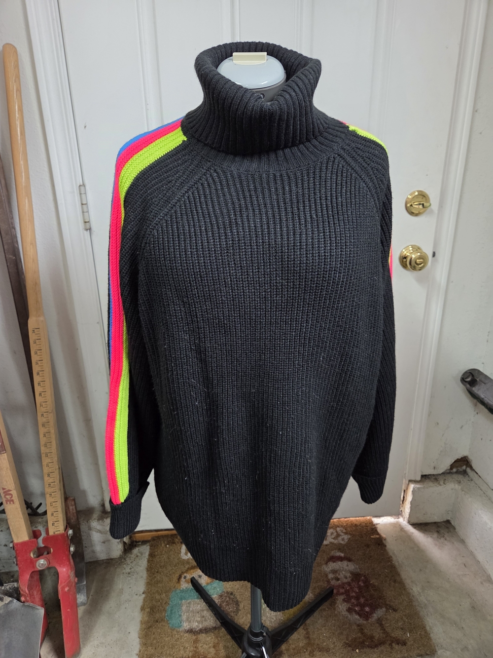 Women's Black Turtleneck Sweater with Neon Stripe Sleeves